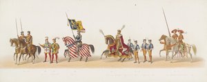 Delft prosesjon fra 1873 (femte plate) Utkledd prosesjon holdt av medlemmene av Delft Student Corps 8. juli 1873, som viser inntoget av Karel van Egmond, hertugen av Gelre, grev av Zutphen, i Arnhem i 1492 (serie t av Anonymous