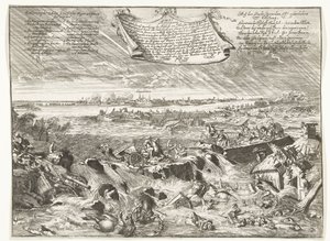 Dijkdoorbraak bij Coevorden, 1673 Illustrasjon hvordan og hvilken form, etter dekret fra biskopen av Munster (...) (tittel på objekt) av Anonymous