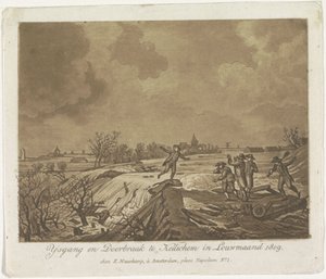 Dikebrudd i Kedichem, 1809 Ysgang og Doorbraak te Kedichem i Louwmaand 1809 (tittel på objekt) av Anonymous