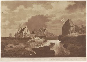 Brudd på Arkelse-demningen nær Gorinchem, 1820 Brudd ved Sluis aan den Arkelsche-demningen i 1820 (tittel på objekt) av Anonymous