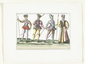 Tre spanske soldater i uniform og en markedsfører, ca. 1580 Kostymer militære Espagnols (tittel på objekt) av Anonymous
