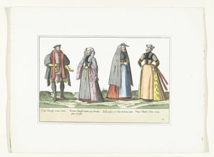 Tre kvinner og en mann kledd i tysk mote, ca. 1580 Kostymer Allemands (tittel på objekt) av Anonymous