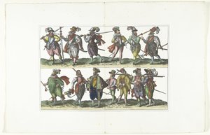 Dobbel plate med tretten væpnede sivile i uniform etter mote i Antwerpen, ca. 1580 Bourgeois d