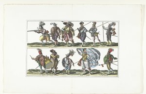 Dobbel plate med elleve væpnede borgere i uniform etter mote i Antwerpen, ca. 1580 Bourgeois d'Anvers, sous les armes (suite) (tittel på objekt) av Anonymous