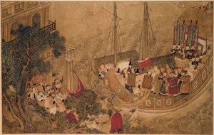 Et kinesisk skip legger til kai ved en europeisk bygning The Wonders of Mazu (serietittel) av Anonymous