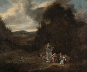 Elegant selskap ved en antikk fontene i en glende av Anonymous