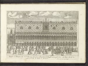 Fasade av Dogepaleis te Venetië Scènes uit het Venetiaanse leven (serietittel) Habiti d'Huomeni og venetianske kvinner med prosesjonen til Ser.ma Signoria og andre detaljer, f.eks. triumfer, festivaler og offentlige seremonier i den adelige byen Vene. av Anonymous