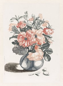 Fem trykk av blomster i glassvaser Glassvase med blomster, ved siden av kronbladene av Anonymous