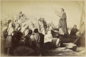 Fotoreproduksjon av (antagelig) et trykk av Jesus som forkynner fra båt av Anonymous