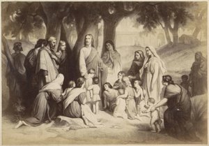 Fotoreproduksjon av (antagelig) et trykk av Jesus med barn (La barna komme til meg) av Anonymous