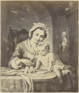 Fotoreproduksjon av (antagelig) et trykk av en mor som bygger et korthus med barnet sitt av Anonymous