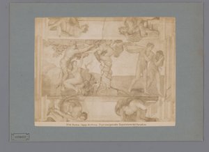 Fotoreproduksjon av fresken The Fall and Expulsion from Paradise av Michelangelo i Det sixtinske kapell Roma. capp. sistina. Il primo peccato. Epulsione dal Paradiso (tittel på objekt) av Anonymous