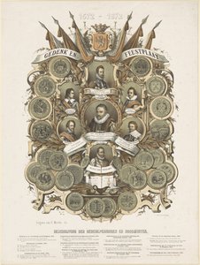 Minne- og festplakett med portretter av William I, Prince of Orange, hans sønner Maurits og Frederik Hendrik, Princes of Orange, hans brødre Lodewijk, Adolf og Hendrik, grevene av Nassau, og Willem Bloys van Treslong av Anonymous