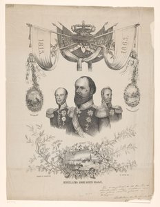 Minneplakett i anledning nederlandsk 50-årsjubileum for uavhengighet med portretter av konger Willem I, II og III nederlandsk herlighet under oransje (tittel på objekt) av Anonymous