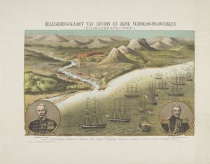 Utsikt over Aceh under den andre Aceh-ekspedisjonen, 1873-1874 Beleiringskart over Atchin og hans forsvar. (Fugleperspektiv.) (tittel på objekt) av Anonymous