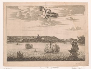 Utsikt over Fort Amsterdam i Ghana fra vannet The Castle Cormantine / Castle of Cormantin (tittel på objekt) av Anonymous
