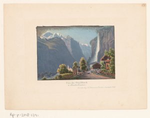 Utsikt over Staubbach og Staubbach-fossen Utsikt over Staubbacken i Lauterbrunen (tittel på objekt) av Anonymous