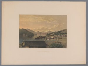 Utsikt over sjøen i Nagasaki Utsikt i Nangasaki Bay (tittel på objekt) Suvenir of Japan utsikt fra naturen med tekst av grev de Lijnden (serietittel på objekt) av Anonymous