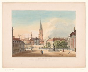 Utsikt over Riddarholmen kirke i Stockholm Stockholm. Utsigt af Riddakholmen fran Riddarhustorget (tittel på objekt) av Anonymous