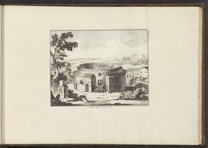 Utsikt over ruinene av Augustus mausoleum i Roma Mausoleum Augusti Vestigia i Roma (tittel på objekt) Palasser og monumenter i Venezia, Livorno, Napoli og Roma (serietittel) av Anonymous