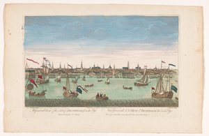Utsikt over byen Amsterdam sett fra IJ En generell oversikt over byen Amsterdam fra Tye (tittel på objekt) av Anonymous