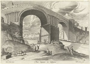 Utsikt over en bro fra byen Segovia Pons Segouiae i Hispania (tittel på objekt) Ruinarum varii prospekt (serietittel) av Anonymous