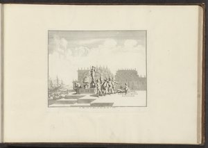 Utsikt over et palass og statuer ved vannkanten i Genova Le Palais orné de Statues, au bord dela Mer à Gennes (tittel på objekt) Palasser og monumenter i Venezia, Livorno, Napoli og Roma (serietittel) av Anonymous