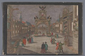 Utsikt over en triumfbue med en tohodet ørn og en portrettbyste av Joseph II, tysk keiser, i Frankfurt am Main av Anonymous