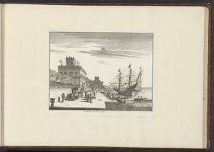 Utsikt over det kongelige palasset ved strandpromenaden i Napoli Veue du Palais Royael &c: à Napoli (tittel på objekt) Palasser og monumenter i Venezia, Livorno, Napoli og Roma (serietittel) av Anonymous
