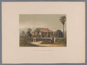 Utsikt over huset til doktoren i Deshima, med den botaniske hagen i forgrunnen La demeure du médecin à Desima au fond du jardin botanique (tittel på objekt) Souvenir du Japon vues d