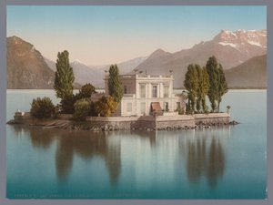 Utsikt over Île de Salagnon i Genfersjøen, i bakgrunnen Dents du Midi lac Léman, Ile de Salagnon et la Dent du Midi (tittel på objekt) av Anonymous