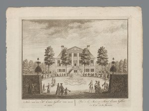 Utsikt over landstedet av Esaie Gillot Huset til Mr. Esaie Gillot sett forfra / Vüe de la Maison Monsr. Esaie Gillot du Coté de la fasade (tittel på objekt) Innsiden av kabinettet til Mr. Esaie Gillot / Vüe de la Maison de M av Anonymous