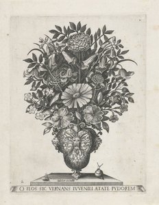 Grotesk vase med tre mascarons Vaser med blomster (serietittel) av Anonymous