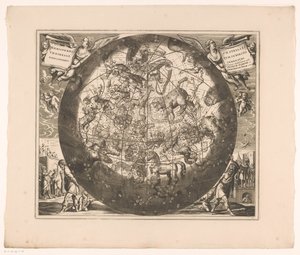 Himmelkart med de nordlige stjernebildene Haemisphaerium stellatum boreale cum subiecto haemisphaerio terrestri (tittel på objekt) av Anonymous