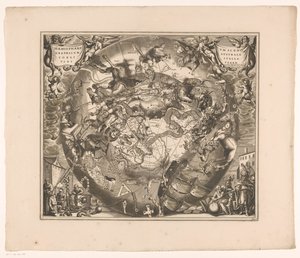 Himmelkart med de sørlige stjernebildene Haemisphaerium scenographicum australe coeli stellati et terrae (tittel på objekt) av Anonymous