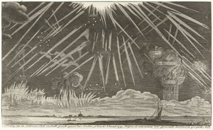 Himmelfenomener, 1729 Bilde av Seldtzame Light and Sky-utsikten, sett om kvelden den 16. november: 1729. I følge observasjonen av Coenraadt Zumbach de Croesfeldt M.D. (tittel på objekt) av Anonymous