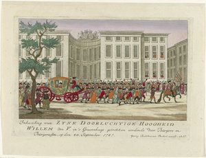 Overtakelse av prinsen av Orange, 1787 Overtakelse av Zyne Serene Highness Willem den V. blir trukket i Haag av Burgers og Burgeressen, den 20. september 1787 (tittel på objekt) Fargede tyske trykk om hendelsene i av Anonymous