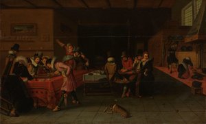 Interiør i en taverna eller bordell med folk som drikker og spiller Trictrac av Anonymous