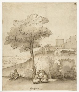 Italiensk landskap med noen figurer under et tre av Anonymous