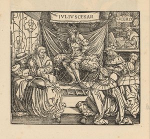 Julius Caesar i et rådsmøte og Cicero skriver bakerst av Anonymous
