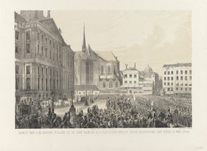 Ankomst av H.M. Kong Willem III på demningen, ved H.D. gå høytidelig inn i imperiets hovedstad, 12. mai 1849 (tittel på objekt) av Anonymous