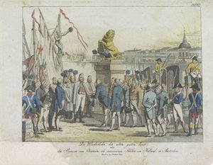 Komst van de Souverein Vorst te Amsterdam, 1813. De gode gamle dagers retur, (...) av Prinsen av Oransje, som suveren prins av Holland, i Amsterdam (tittel på objekt) av Anonymous