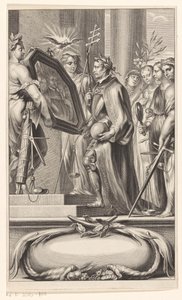 King holdes oppe et speil av Justice and Faith Tittelside for: Petrus Belluga og Camillo Borello, Speculum principum, 1655 av Anonymous