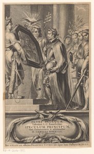 King holdes oppe et speil av Justice and Faith Tittelside for: Petrus Belluga og Camillo Borello, Speculum principum, 1655 av Anonymous