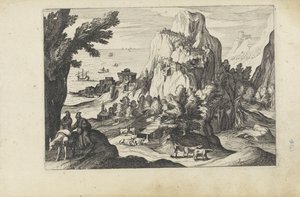 Kystlandskap med høyfjellslandskap med figurer (serietittel) av Anonymous