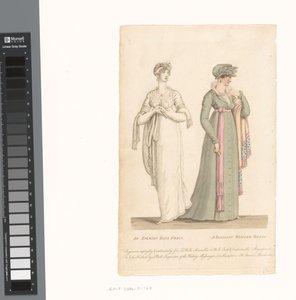 La Belle Assemblée, 1. mars 1807, nr. 14: En aftenballkjole / En parisisk vinterkjole av Anonymous