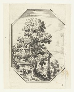 Landskap med et stort tre i en åttekantet ramme Octagonal Landscapes (serietittel) av Anonymous