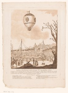 Luchtballon, Le Flezel, van Joseph-Michael Montgolfier den eldre utenfor Lyon Aerostatisk maskin bygget av Mr. Montgolfier den eldste (tittel på objekt) av Anonymous