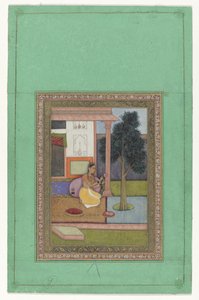 Malavashri ragini, kvinne som kneler med lotusblomst foran et hus av Anonymous