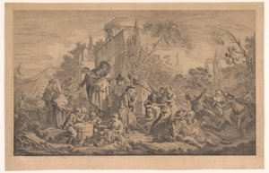 Markedsscene med en sanger og et diorama av Anonymous